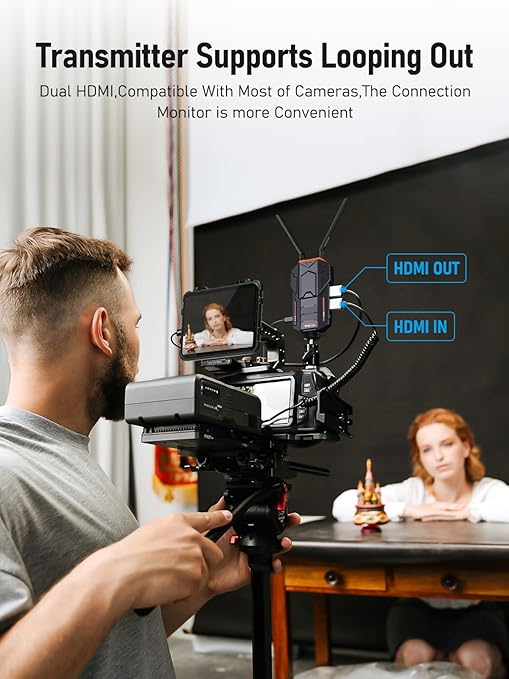 Person using a video camera with transmitter equipment, showing HDMI connections.