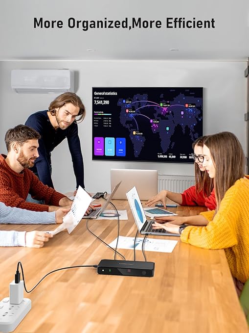 Group of people in a meeting room with a large screen displaying data, with text 'More Organized, More Efficient'.