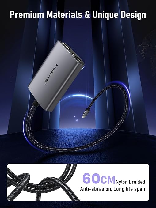 USB cable with a metallic connector on a dark background, featuring premium materials and unique design text.