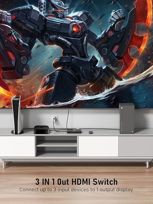 HDMI switch in front of a large screen displaying a robot scene with '3 IN 1 Out HDMI Switch' text.