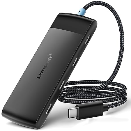 Black USB-C hub with cable on a white background