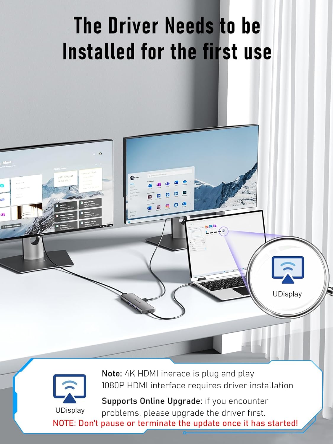 Computer setup with dual monitors and a laptop on a desk, featuring UDisplay branding.