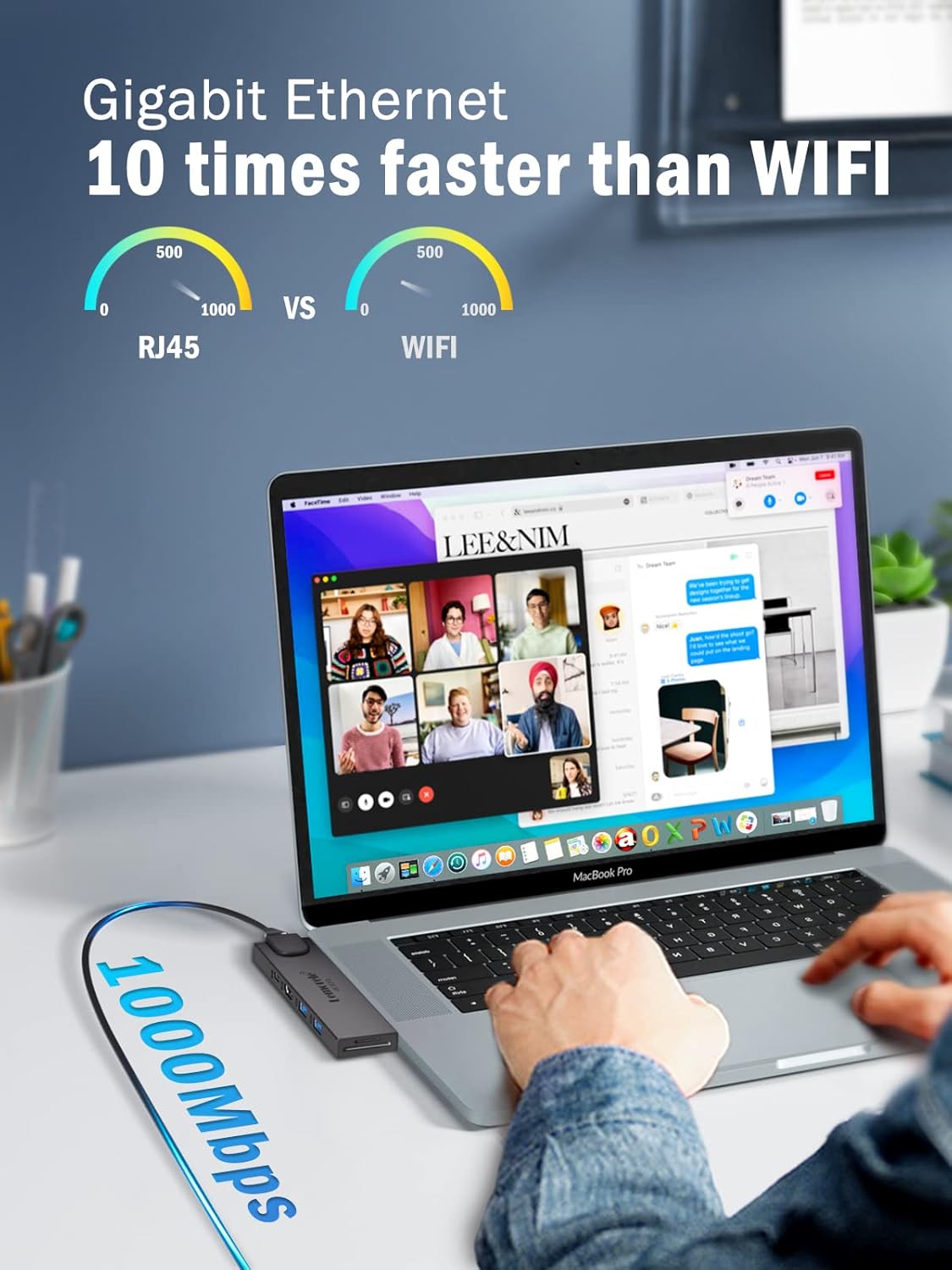 Person using a laptop with Gigabit Ethernet connection, showing speed comparison with WiFi.