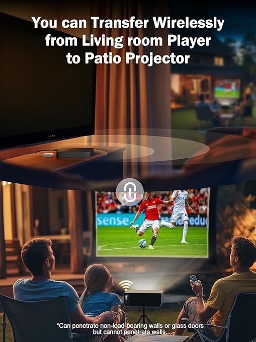 Living room setup with a TV and patio projector displaying a soccer game, text indicating wireless transfer capability.