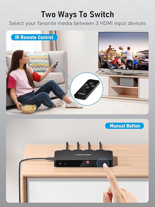 HDMI switcher with IR remote control and manual button for switching media between devices.