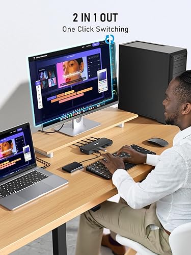 Person using a computer setup with dual monitors and a laptop, featuring '2 IN 1 OUT' technology.