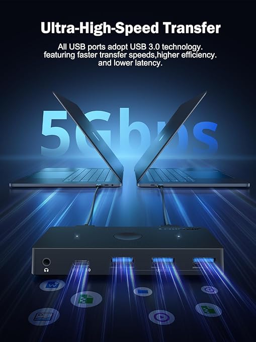 USB hub with laptop illustration and text about ultra-high-speed transfer on a dark background