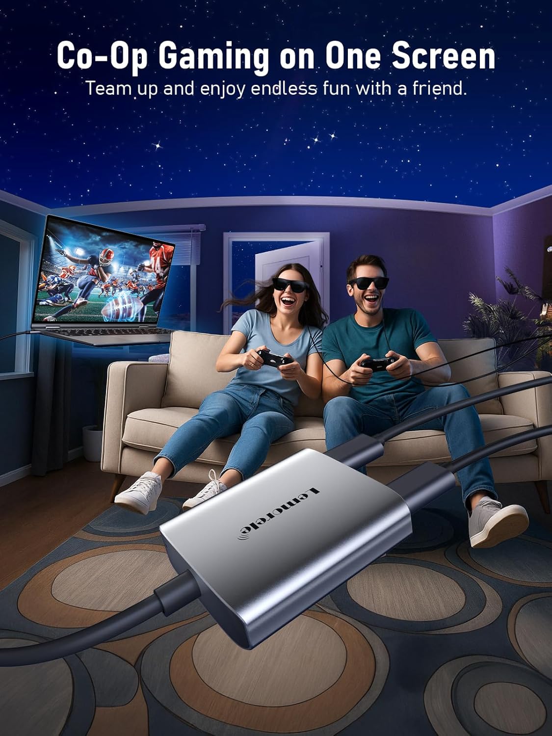 Two people playing video games together with a gaming console adapter in the foreground.