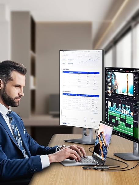Man working at a desk with multiple computer monitors in a modern office setting.