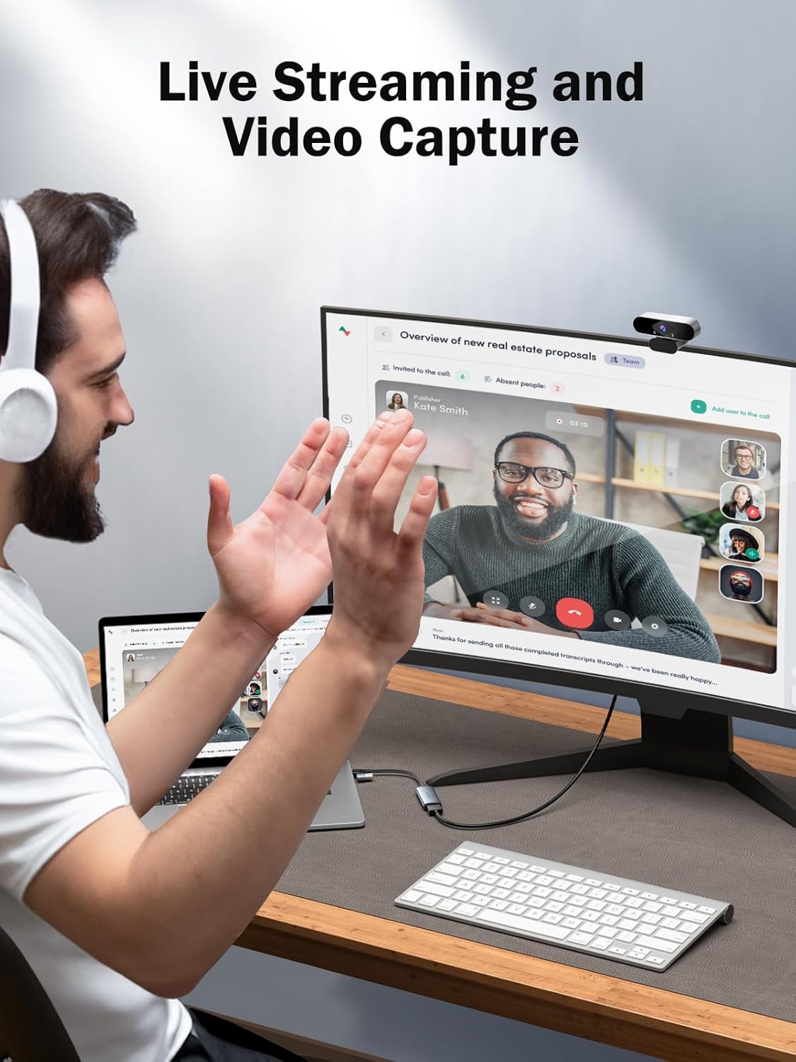 Person using a computer with video conferencing software, engaged in live streaming or video capture.