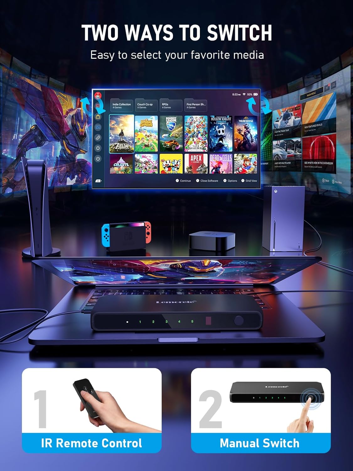 Electronic device with screen displaying media options, surrounded by gaming equipment, with text 'Two Ways to Switch' and 'Easy to select your favorite media'.