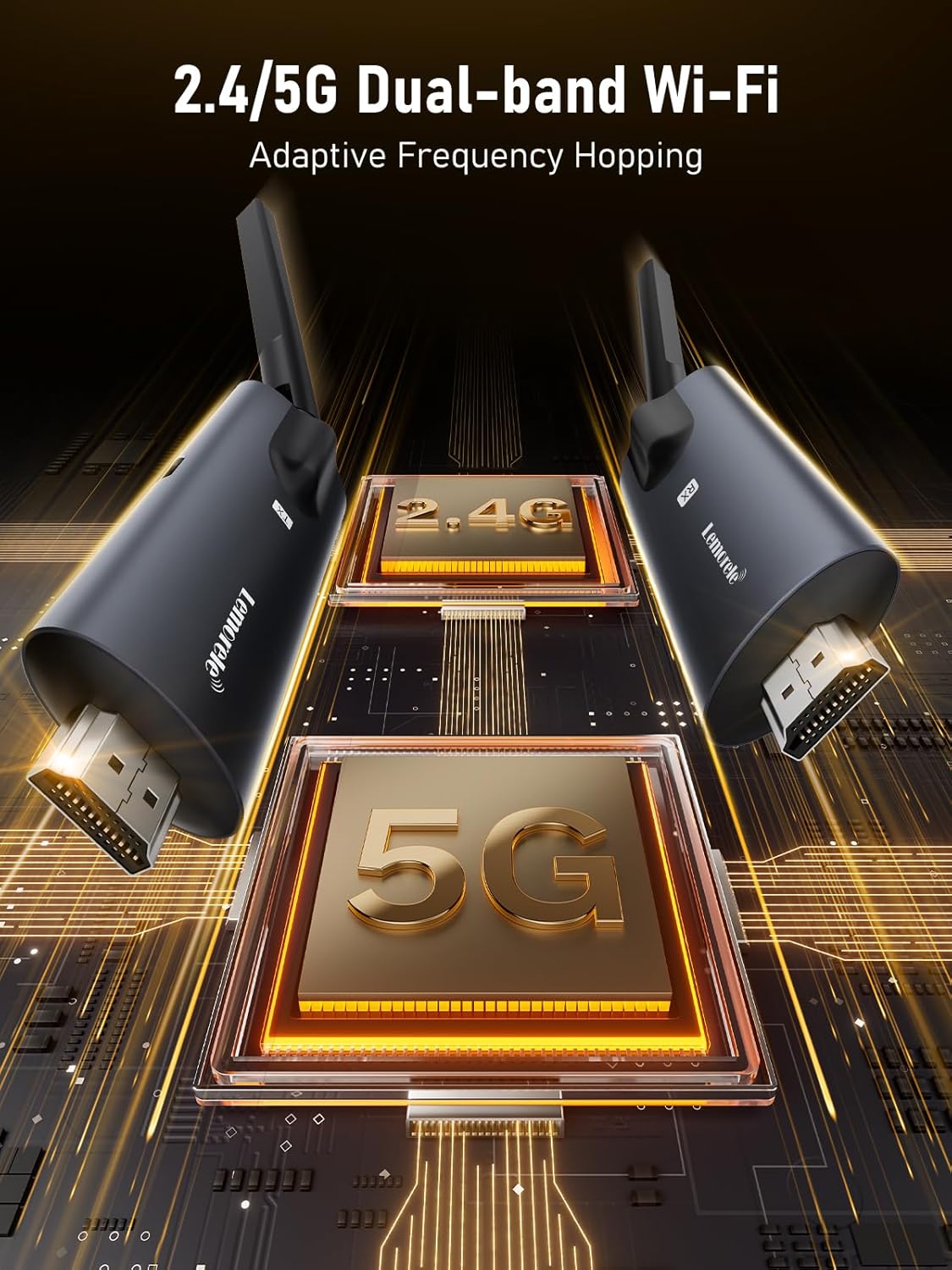 HDMI adapter with 2.4G and 5G dual-band Wi-Fi technology on a dark background.