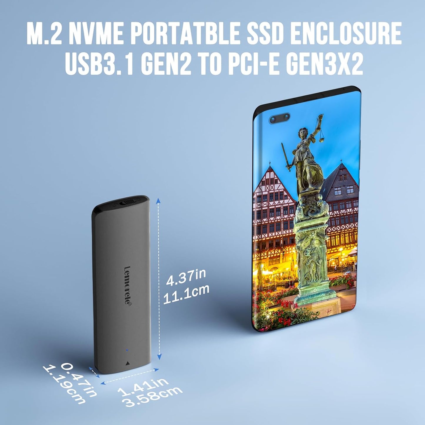 M.2 NVMe portable SSD enclosure with dimensions and smartphone displaying a statue on a blue background