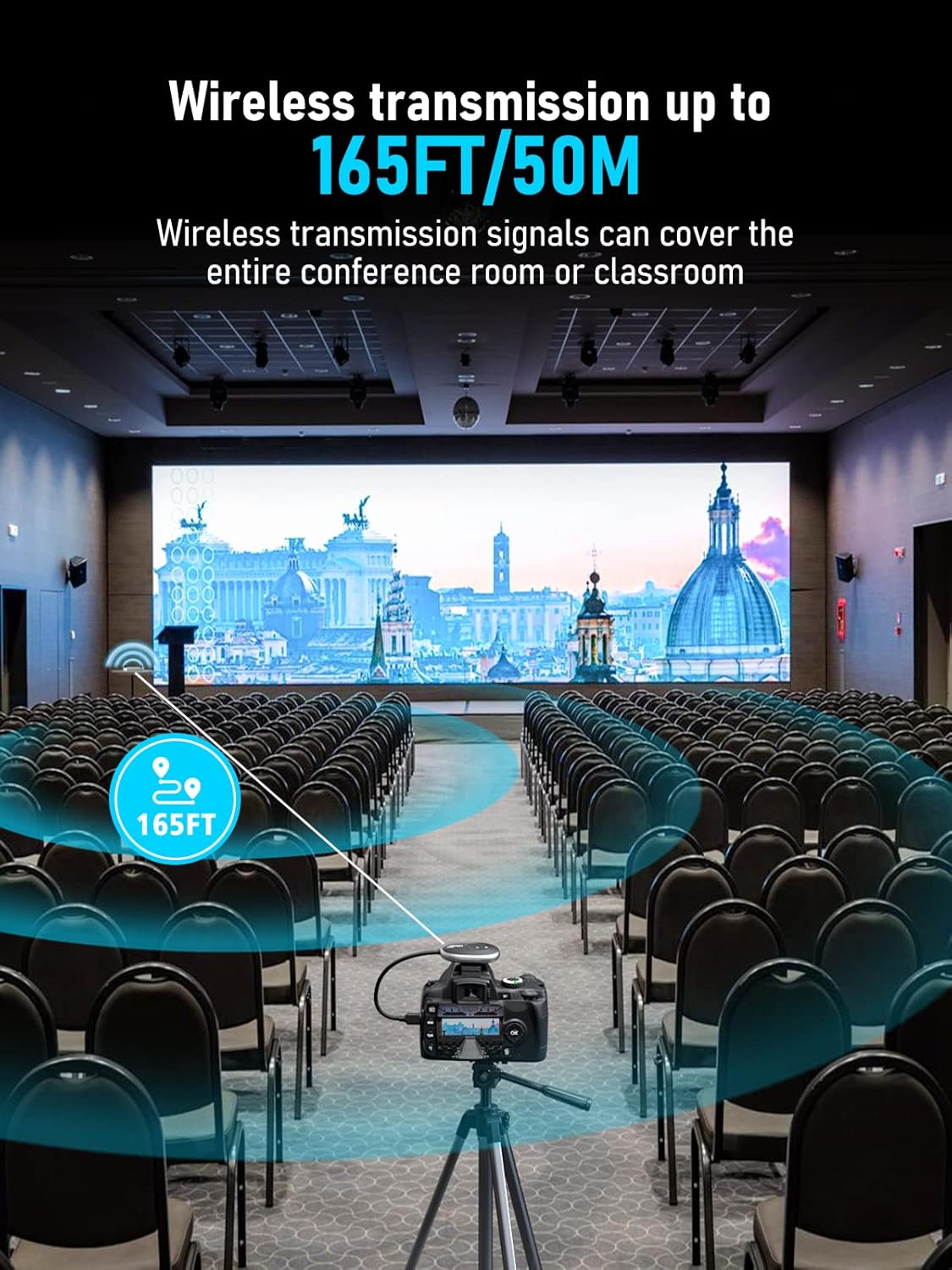 Conference room with large screen displaying a cityscape, featuring wireless transmission technology.