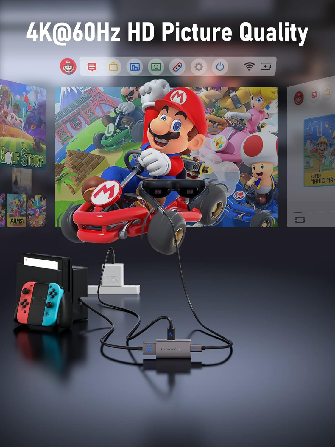 Gaming console with controller and screen displaying colorful games, emphasizing 4K@60Hz HD picture quality.