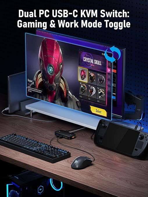 Dual PC USB-C KVM Switch with gaming and work mode toggle on a desk setup.