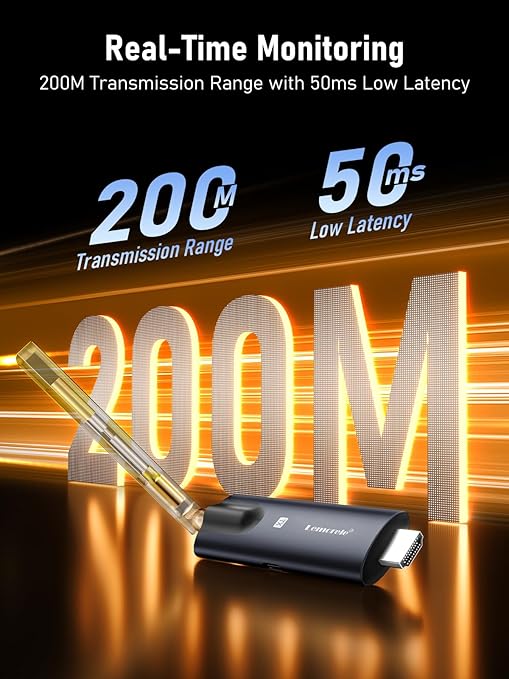 Electronic device with text about real-time monitoring, transmission range, and latency on a dark background.