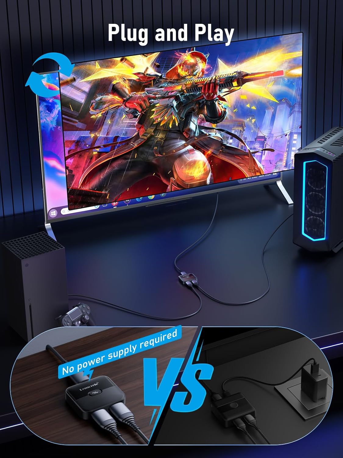 Gaming monitor with graphics, power supply comparison diagram, and text 'Plug and Play' on a dark background.