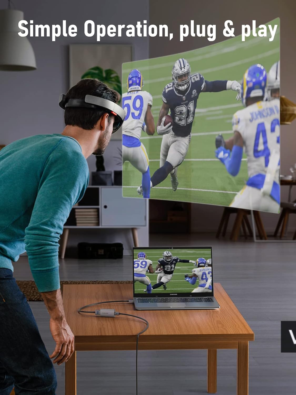 Person using a virtual reality headset to watch a football game on a screen, with text 'Simple Operation, plug & play' above.