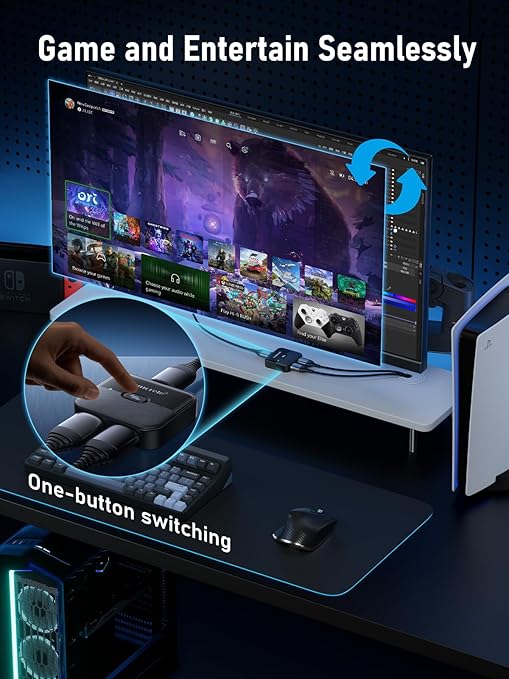 Gaming setup with monitor, keyboard, and controller on a desk, featuring text about one-button switching.