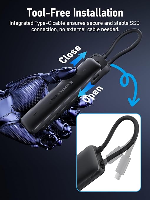 Tool-free installation of an integrated Type-C cable for secure SSD connection on a dark background.
