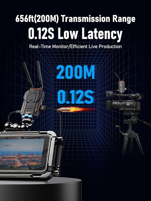 Camera equipment with transmission range and latency specifications on a dark background