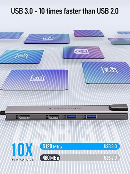 USB 3.0 hub with speed comparison to USB 2.0 on a gradient background