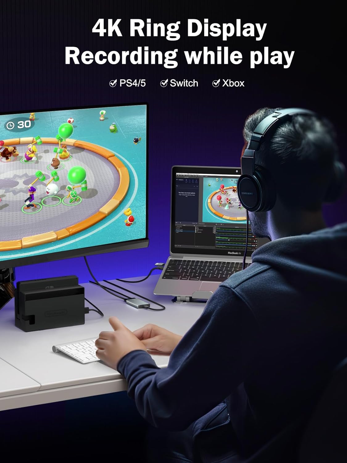 Person recording gameplay on a laptop with a 4K ring display, connected to PS4/5, Switch, and Xbox.