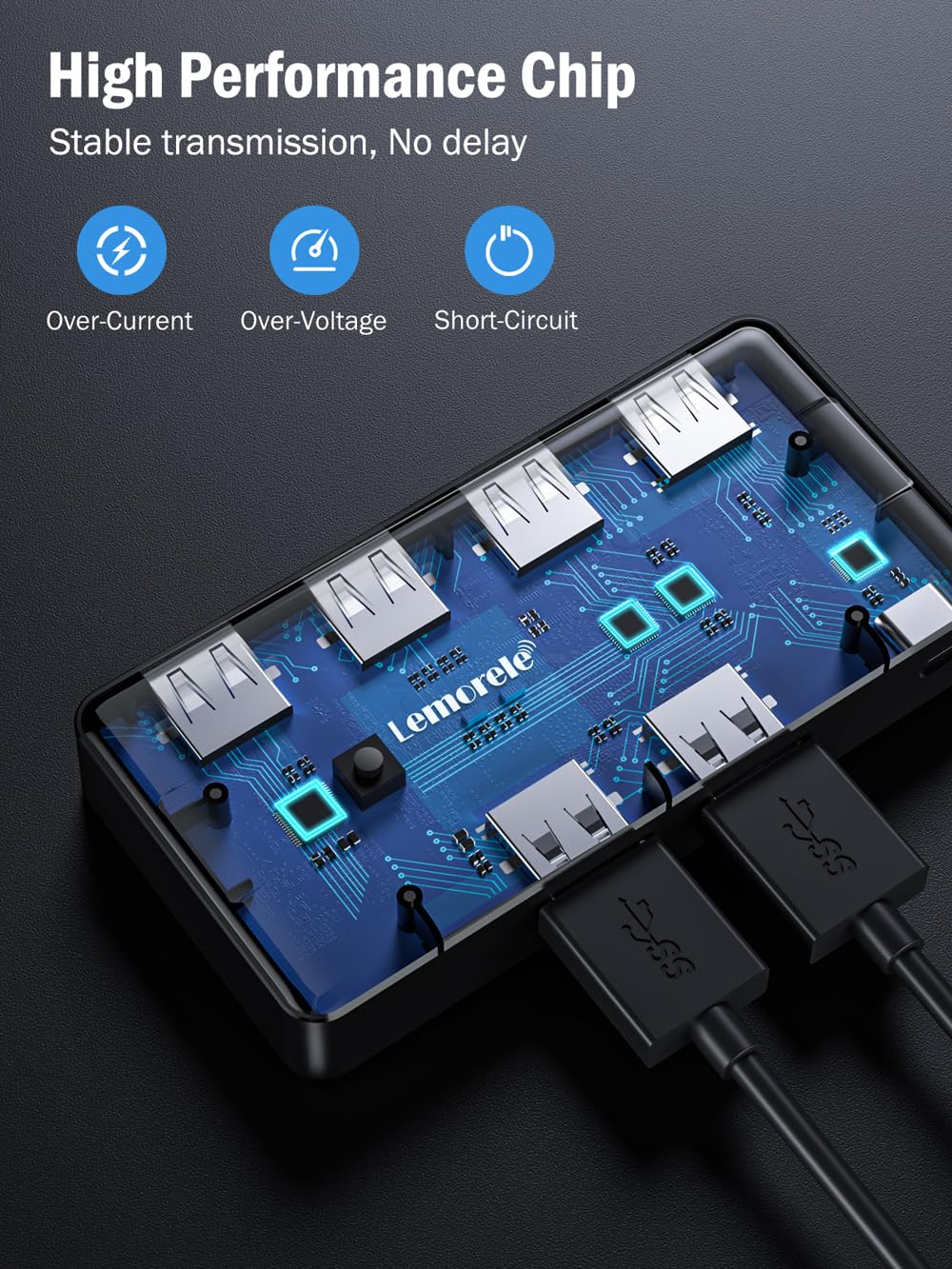 USB hub with blue circuit board design on a dark background