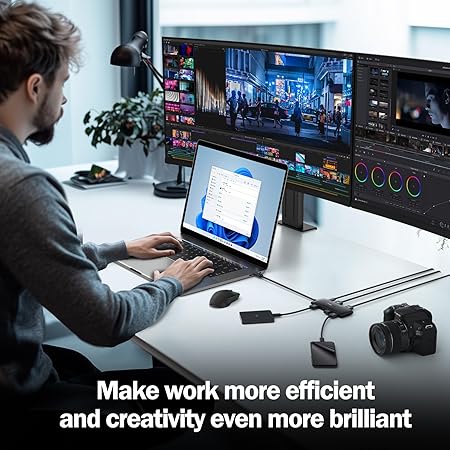 Person working at a desk with multiple monitors and a camera, with text 'Make work more efficient and creativity even more brilliant'.