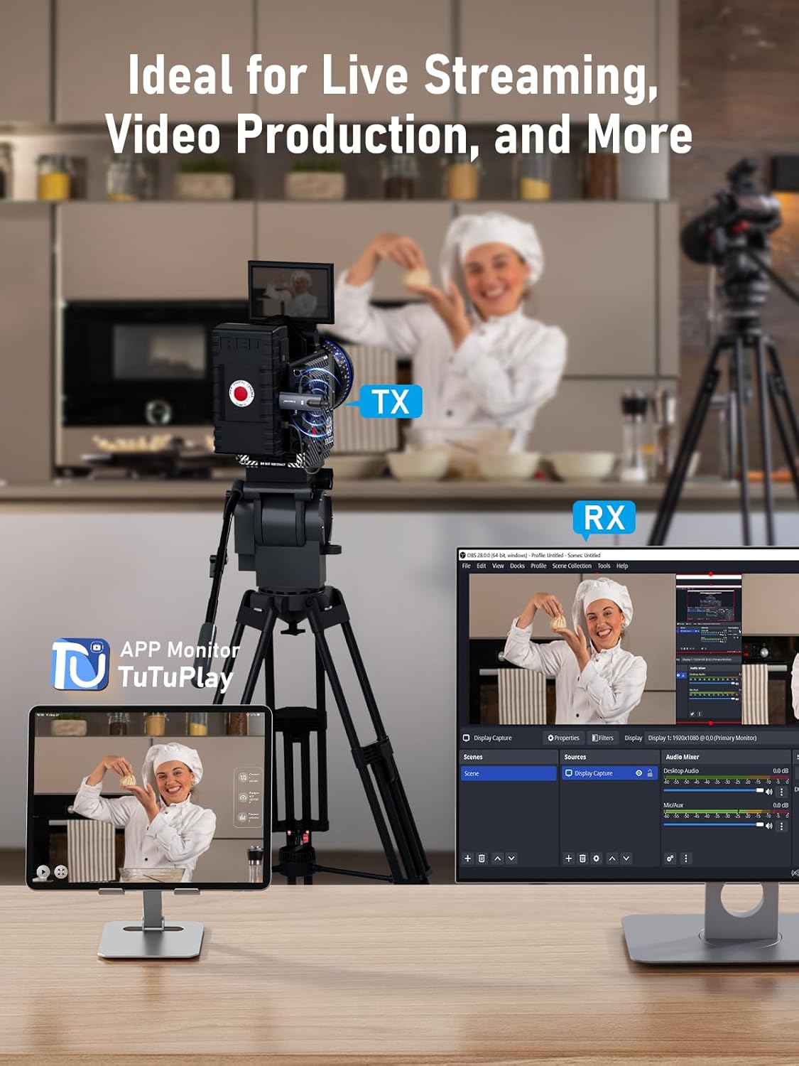 Camera setup with multiple screens displaying a chef in a kitchen, ideal for live streaming and video production.