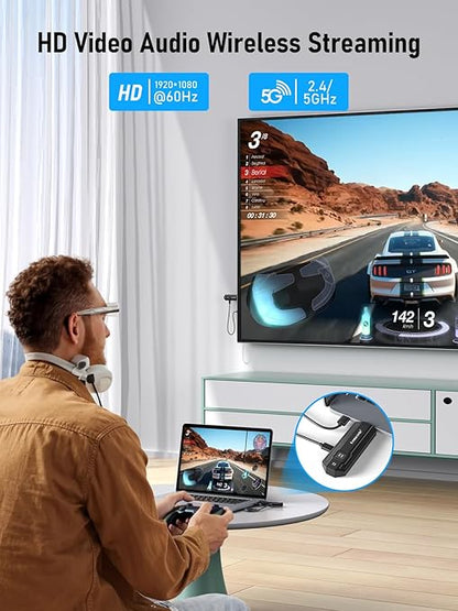 Man playing a racing game on a laptop with HD video audio wireless streaming technology displayed.