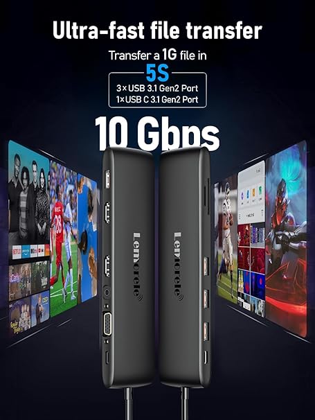 USB hub with multiple ports on a dark background with text about file transfer speed.