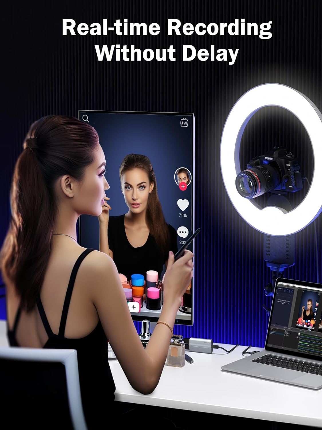 Woman using a ring light with a camera and laptop for real-time recording.