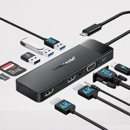 Lemorele USB C Hub Docking Station, 10-in-1 Dual Monitor Adapter with 4K Dual HDMI, 1080P VGA, 3×USB3.0/2.0, TF/SD, 3.5mm Audio, 100W PD for MacBook, HP, Dell, Lenovo and More