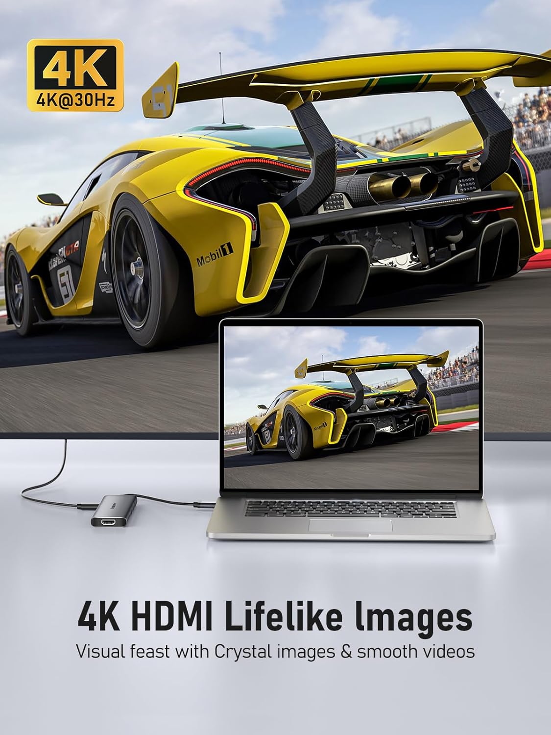 Yellow sports car on a racetrack with a laptop displaying the same image, emphasizing 4K HDMI technology.