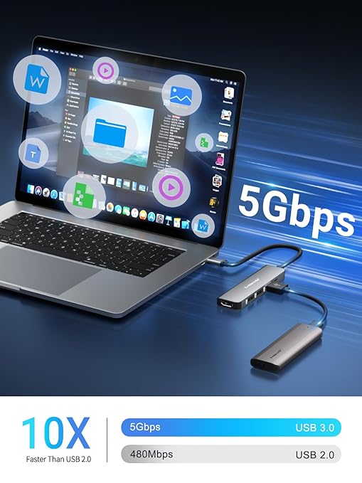 Laptop with USB device connected, displaying 5Gbps speed on a blue background