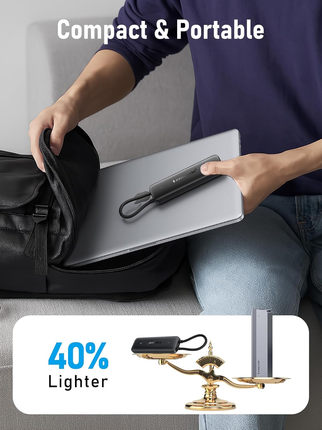 Person holding a compact bag with a lighter attached, showing its portability and weight reduction.