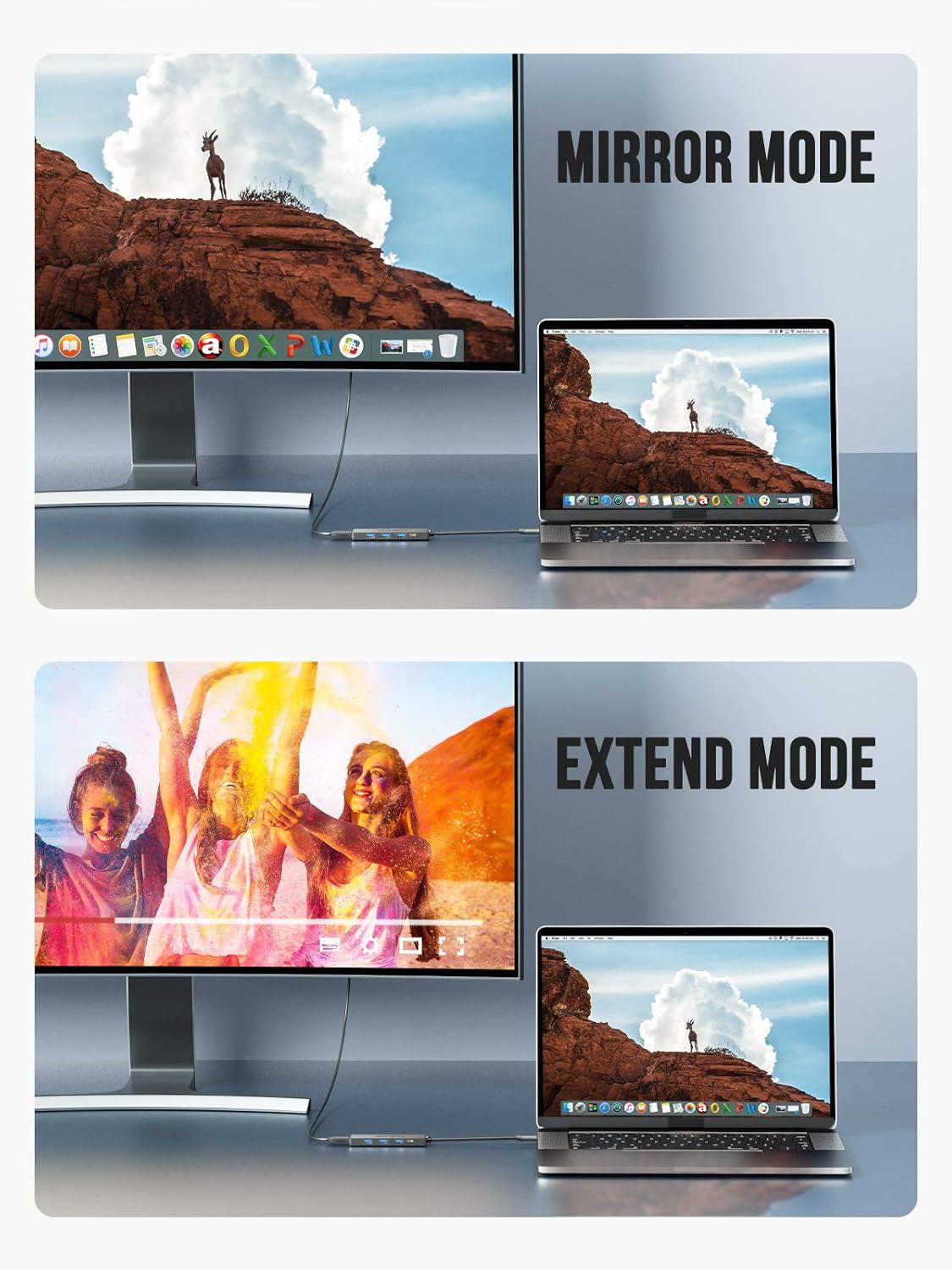 Two modes of display on a laptop screen with a monitor showing a scenic view.
