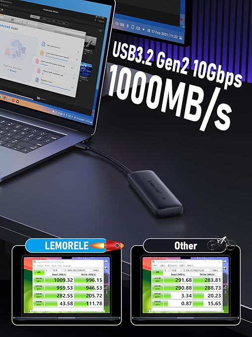USB3.2 Gen2 device with laptop and benchmarking results displayed on screens.