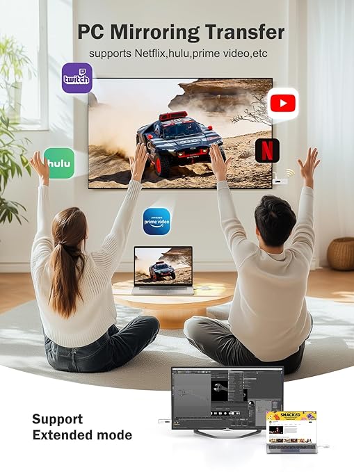 Two people sitting on a rug watching a laptop screen displaying a car video, with various streaming platform logos around them.