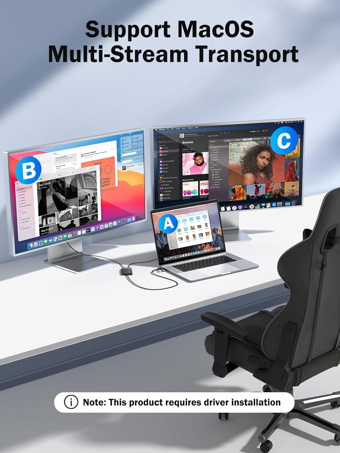 Multimonitor setup with laptop and two external monitors on a desk, featuring MacOS Multi-Stream Transport text.