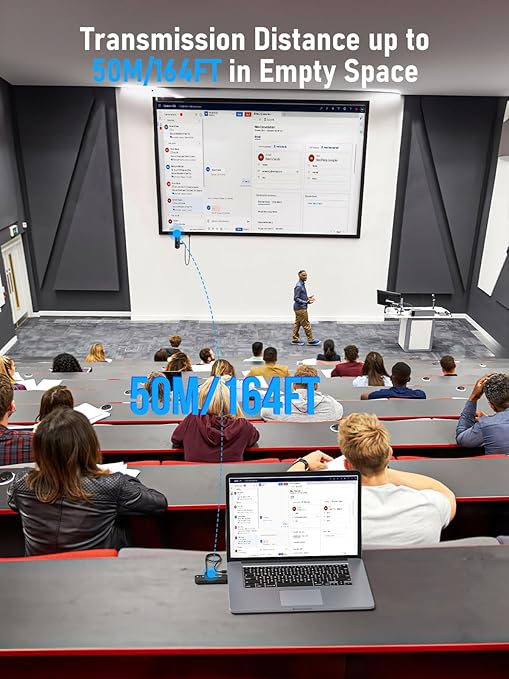 Lecturer in front of a large screen with laptop on desk, transmission distance text overlay