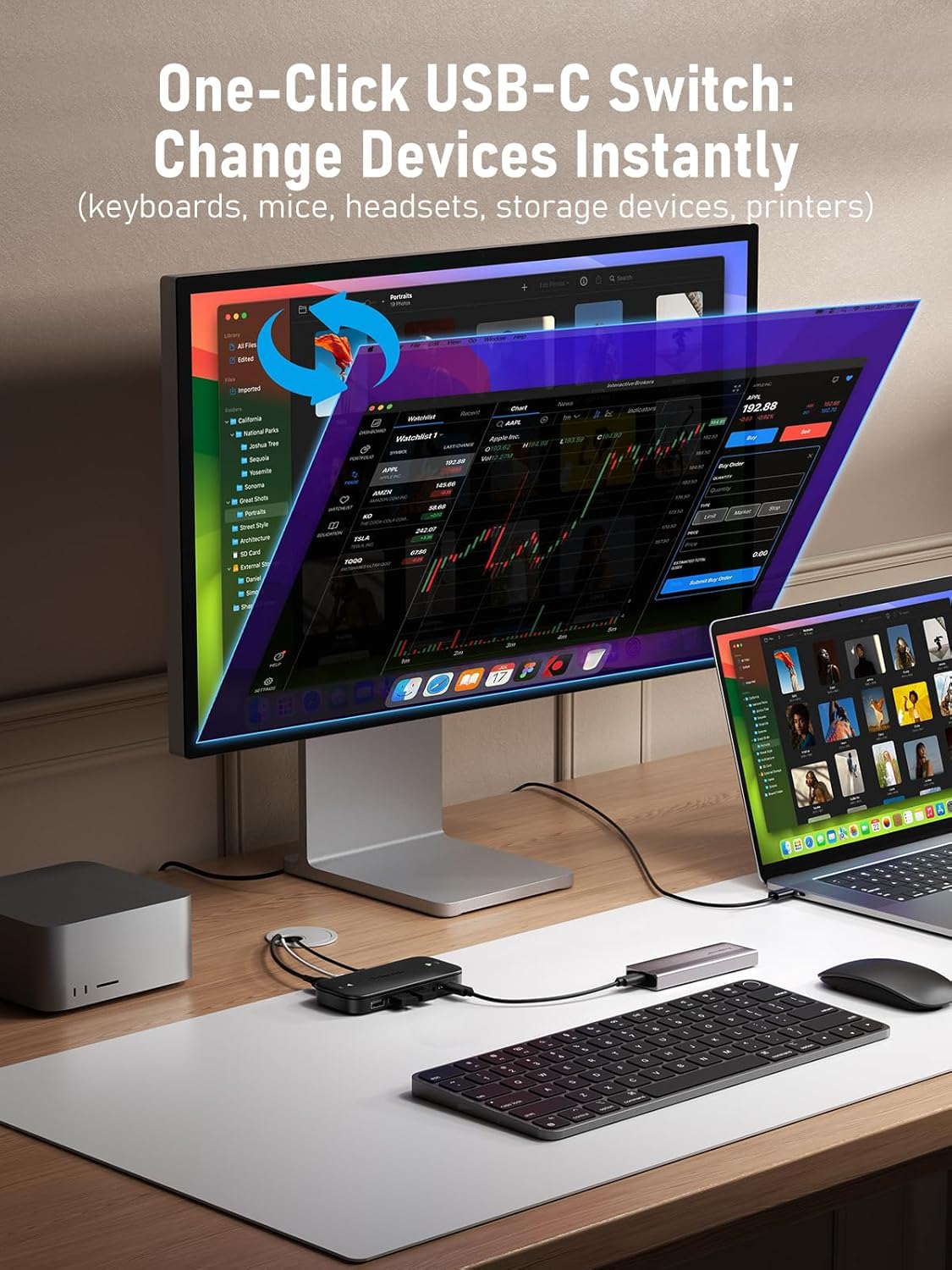 One-click USB-C switch on a desk with computer setup