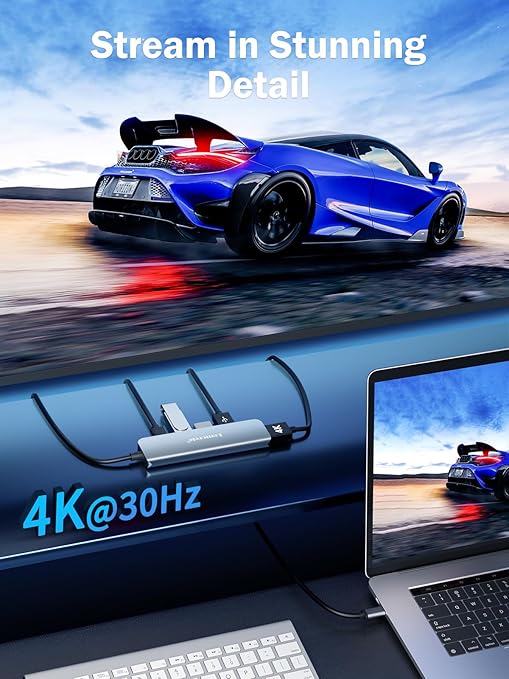 Blue sports car on a road with a laptop displaying a similar scene, emphasizing 4K@30Hz resolution.
