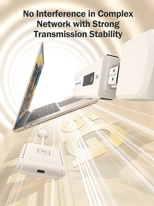 Laptop connected to a network device with text 'No Interference in Complex Network with Strong Transmission Stability'.