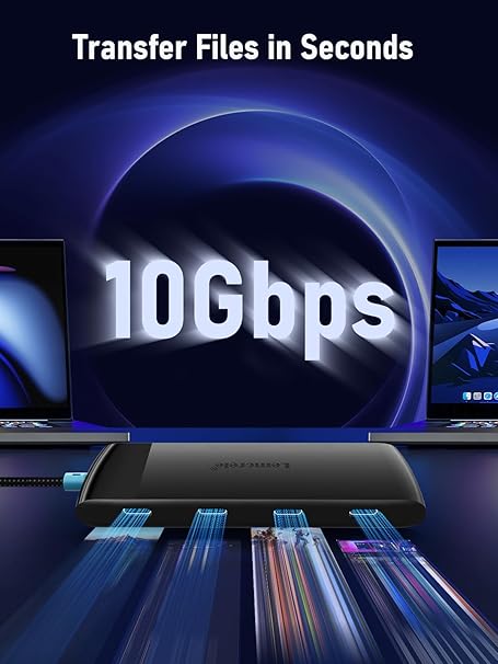 High-speed data transfer device with '10Gbps' text and dual monitors in the background.