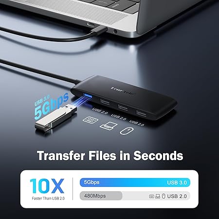 USB hub with multiple ports connected to a laptop, highlighting USB 3.0 speed.