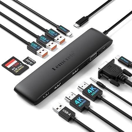 Lemorele 12-in-1 USB-C Hub Docking Station Supports Dual/Triple Display Connection Via 2×HDMI + VGA, 3×USB-A 3.2 Gen1, 100W PD Charging, SD/TF Card Slot, Suitable for Lenovo, Surface, MacBook Laptops