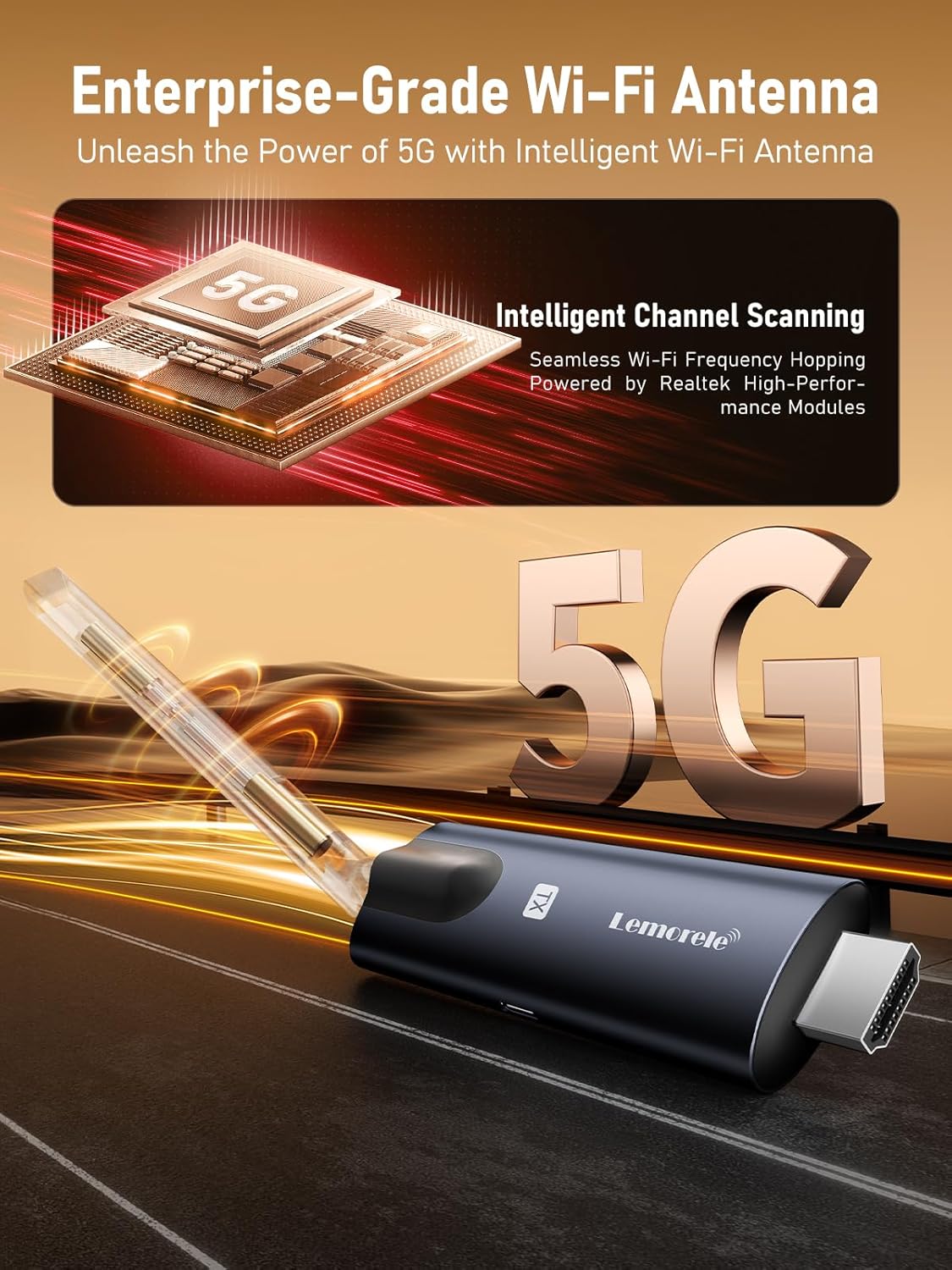 Enterprise-grade Wi-Fi antenna with 5G technology and Lemcoele branding on a dark background.